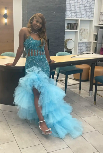 Niulatu Strapless Sheath Blue Long Prom Dresses Sequin Blue Formal Dresses HZ1026